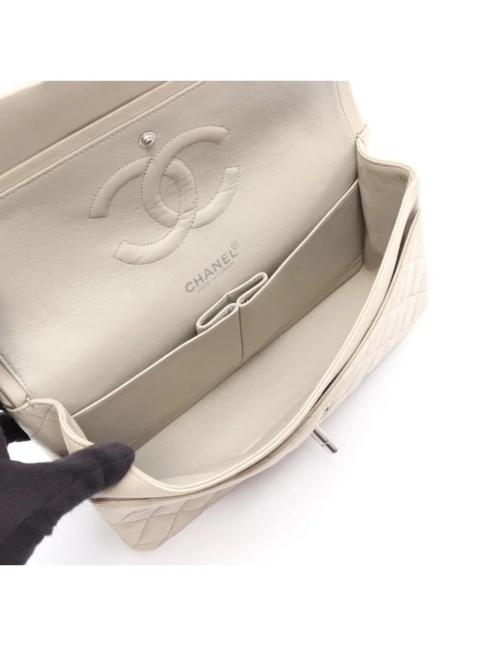 Chanel Shoulder Bag Quilted Double Flap Light Gray Lambskin Chain